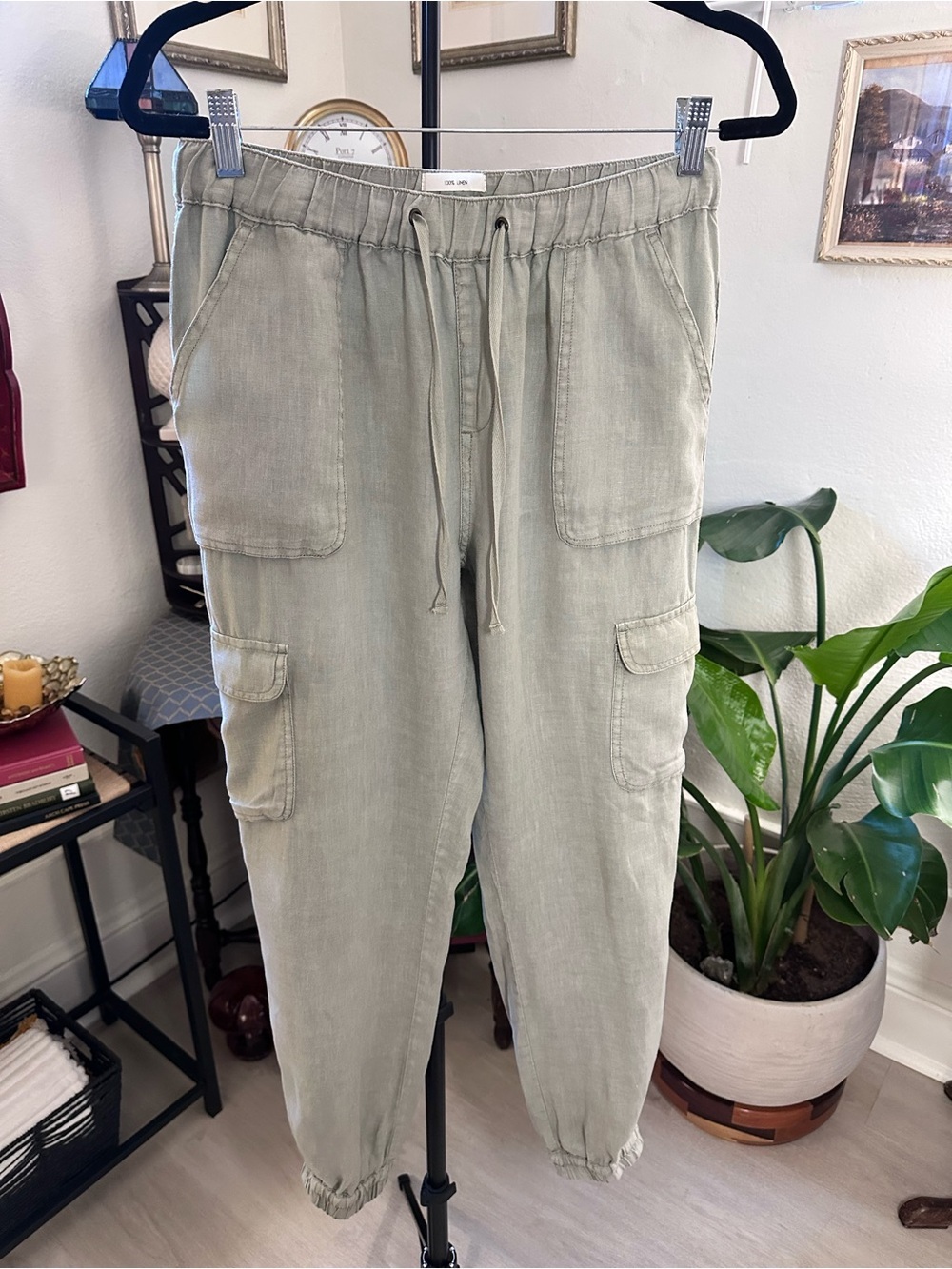Nicole Miller 100 Percent Linen Olive Green Cargo Jogger Pants - Picture 5 of 8